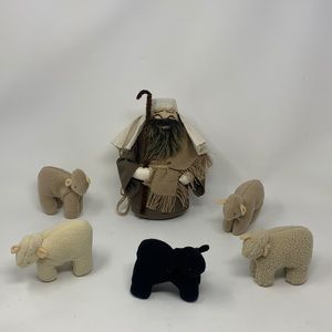 6 pc Shepherd w lambs black sheep Nativity Scene decorations fabric dolls vtg